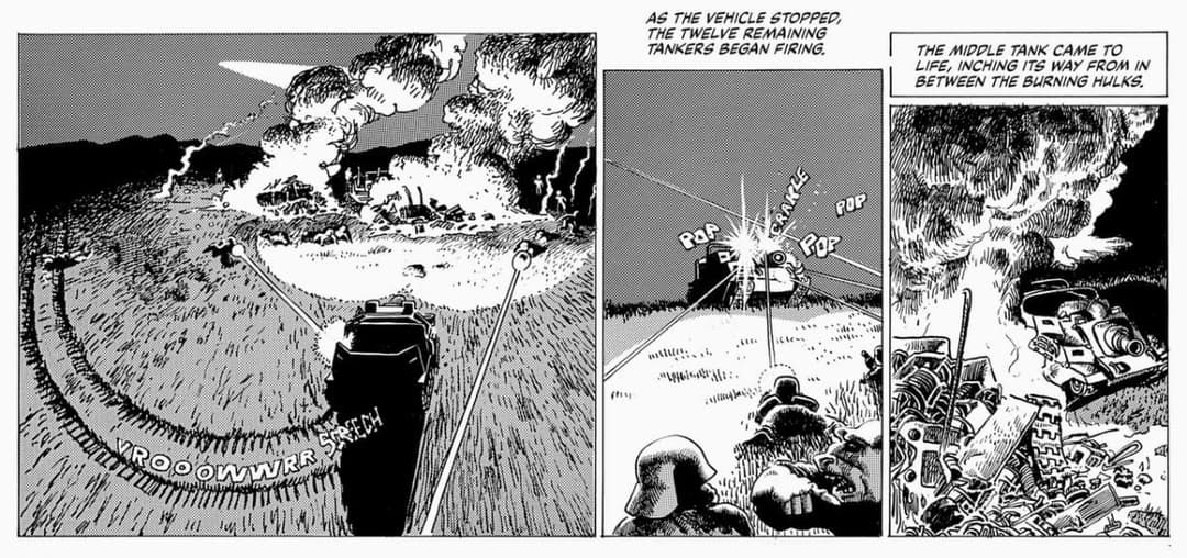 The image is a black and white comic strip divided into three panels. The left panel depicts a scene of a tank, possibly a tank destroyer, moving through a field with a large explosion in the background. The right panel shows a group of soldiers firing their weapons, with a large explosion occurring in the background.