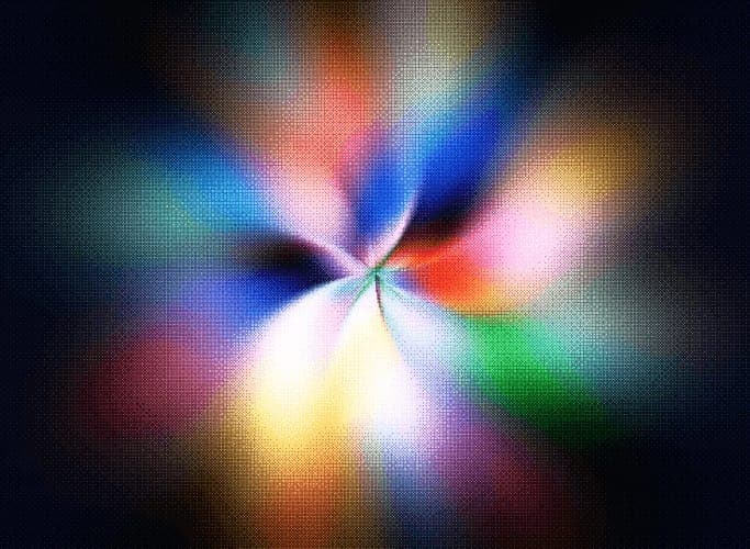 The image presents an abstract design composed of a multitude of small, multicolored dots, creating a vibrant and dynamic visual effect. The dots are arranged in a circular pattern, with the center dot being the focal point. The dots are predominantly in shades of pink, orange, yellow, green, blue, and purple, with som