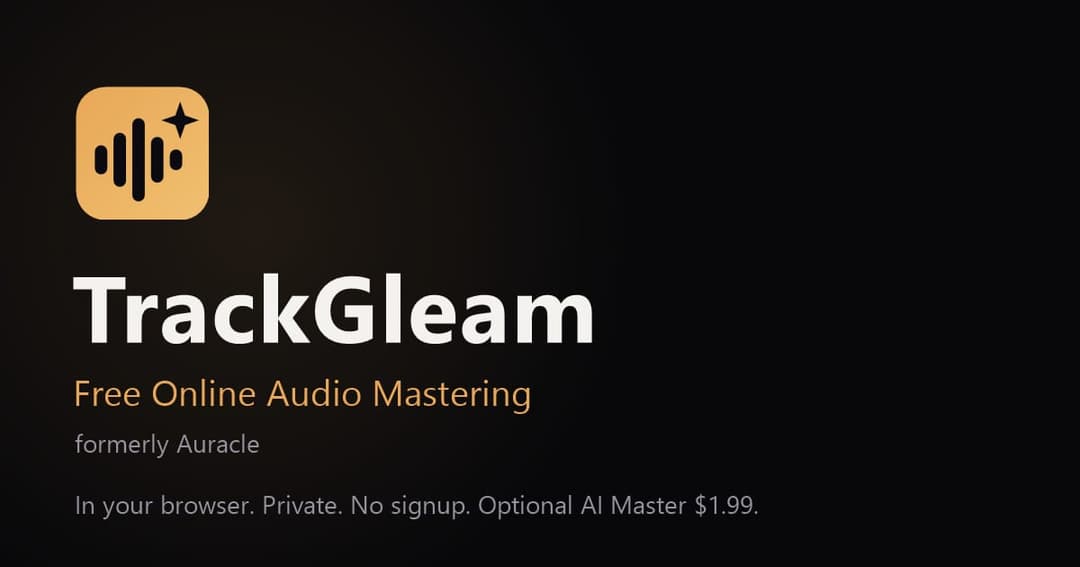 The image presents a screenshot of the TrackGleam app. The app's logo, a square with a star and a wave-like pattern, is displayed in the top left corner. The app's name, "TrackGleam", is written in bold white letters against a black background. Below the name, the text "Free Online Audio Mastering" is written in white,