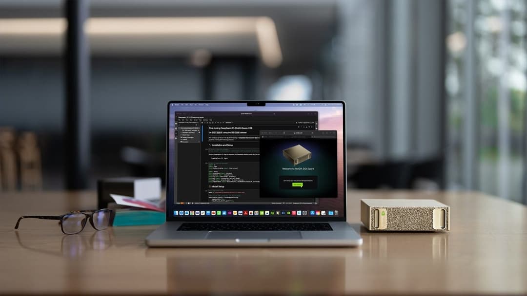 The image shows a workspace with a silver laptop displaying a dark-colored terminal window, possibly a Linux-based operating system. The terminal window shows a welcome message for the NVIDIA DGDA Desktop, along with a welcome message for the NVIDIA DGDA Desktop. The laptop is placed on a wooden desk, with a pair of gl