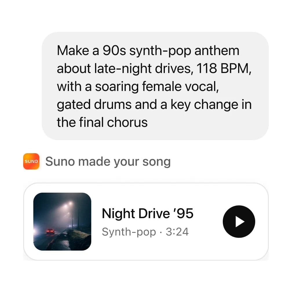 A Suno-generated song card titled "Night Drive '95" (Synth-pop, 3:24) appears below a chat bubble with a text prompt for a 90s synth-pop anthem; the card shows a foggy night road with a red car. Visible text includes "Suno made your song" and the prompt text.