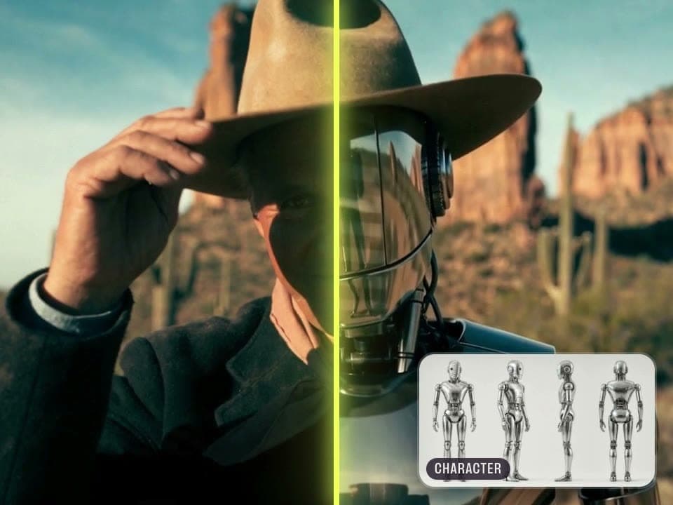 A split-screen comparison: on the left, a man in a tan cowboy hat touching its brim in a desert landscape; on the right, the same scene with a chrome robot wearing the hat, and an inset card labeled "CHARACTER" showing four views of a silver humanoid robot.
