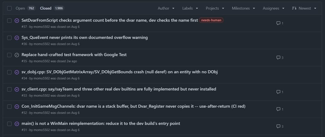 The image shows a list of open and closed code commits, each with a status and a description. The list is organized in a table format with columns for Commit Number, Status, and Description. The list is sorted in descending order of Commit Number. The first commit is #726, closed, with a status of "Closed" and a descri