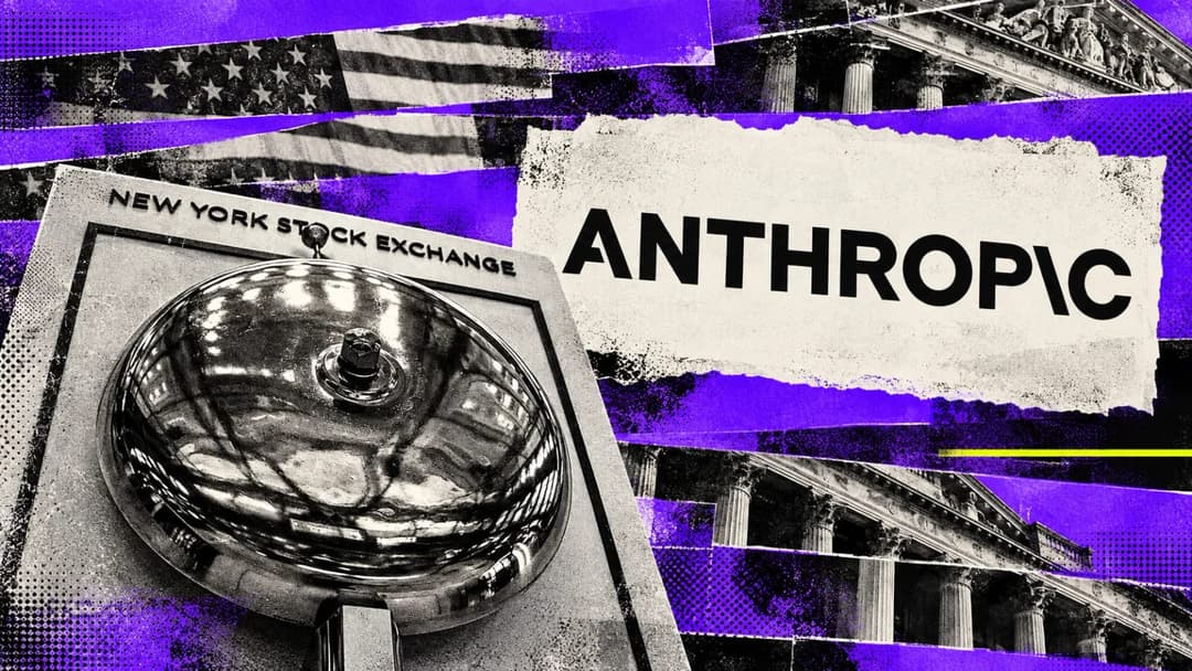 The image is a collage featuring a large, shiny, metallic bell, likely the New York Stock Exchange (NYSE) bell, prominently displayed in the center. The NYSE logo is visible on the bell. The background is a vibrant mix of purple, black, and white, with a distressed or torn effect, creating a visually striking contrast.
