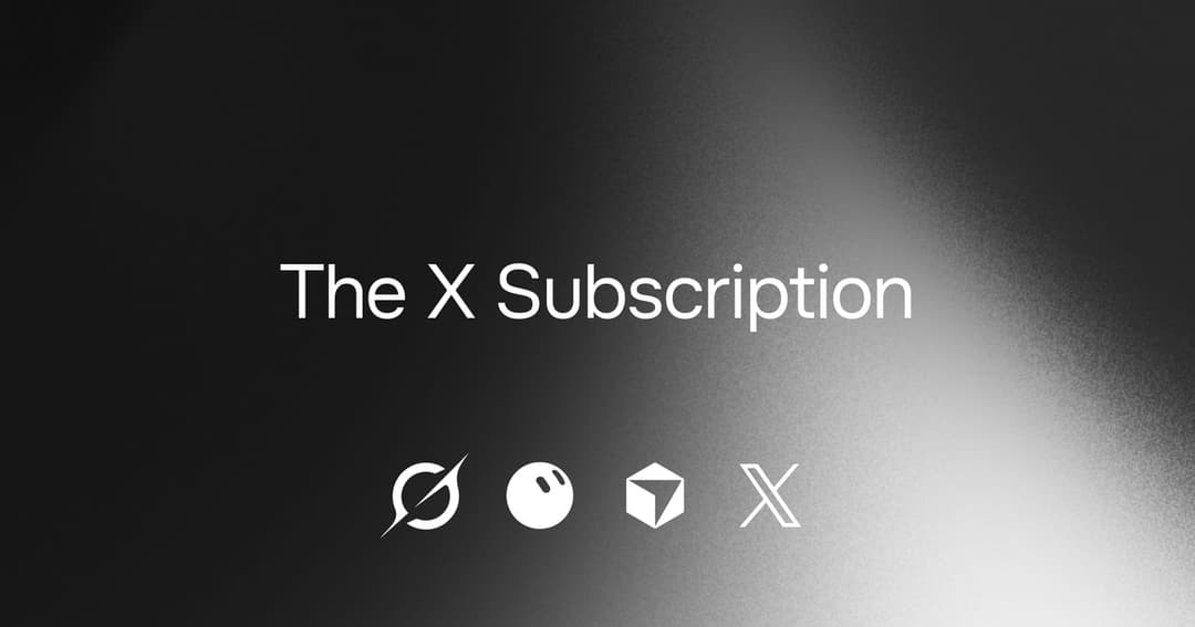 The image is a black and white graphic design featuring the text "The X Subscription" in white, centered on a gradient background that transitions from a darker shade at the top to a lighter shade at the bottom. Below the text, three white icons are arranged in a horizontal line, each representing a different element o