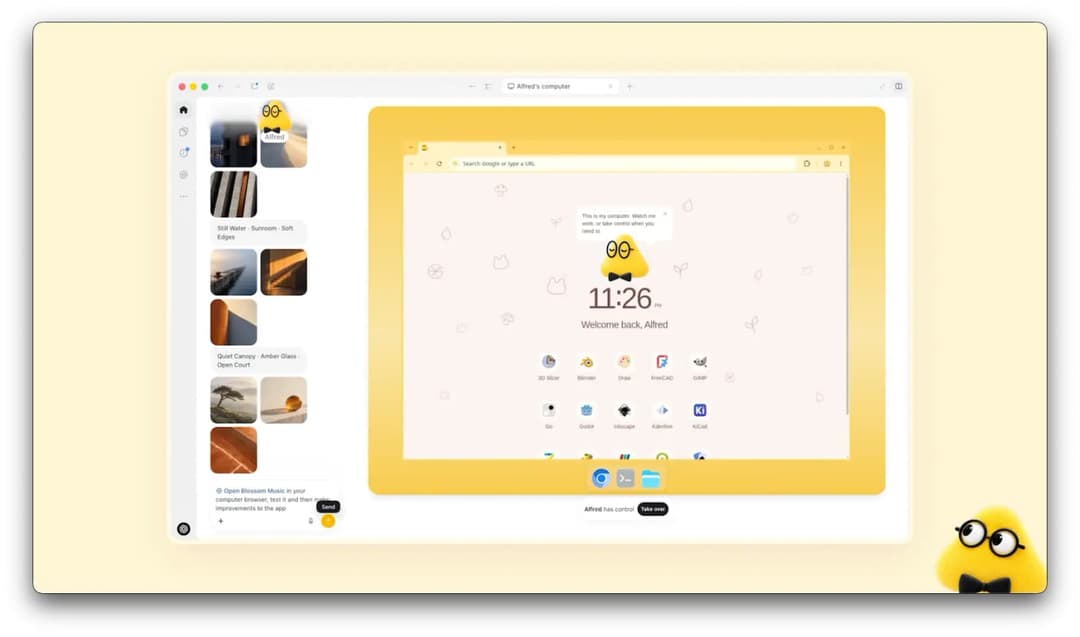 The image shows a computer screen displaying the Alfred browser, which is open in a web browser window. The browser's title bar displays "Alfred's browser". The browser's toolbar is visible, featuring a search bar, a "Welcome back, Alfred" message, and a "Free Alfred" button. The browser's address bar shows a URL, and