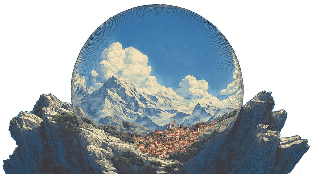 The image presents a surreal landscape, with a city nestled at the foot of a towering mountain range. The city, with its buildings painted in shades of orange and red, is situated on a rocky outcropping. The mountain range, with its snow-capped peaks, forms the backdrop of the scene. The entire image is encased within