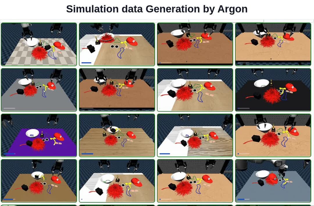 The image presents a grid of sixteen screenshots, each depicting a different stage of a simulation. The top row shows a gray table with a red hat, a white bowl, and a red pom-pom. The second row shows a white table with a red hat, a white bowl, and a red pom-pom. The third row shows a black table with a red hat, a whit