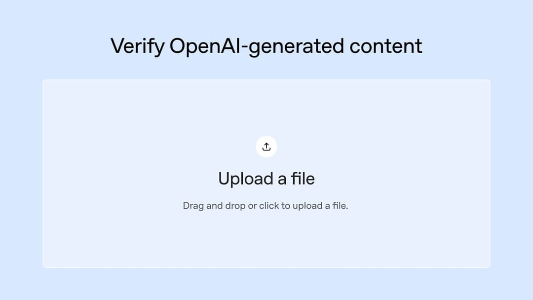 The image presents a digital interface with a light blue background. At the top, the text "Verify OpenAI-generated content" is displayed in a black, sans-serif font. Below this, a white icon of a file with a right-pointing arrow is shown. The main content of the image is a white box with a light blue border, containing