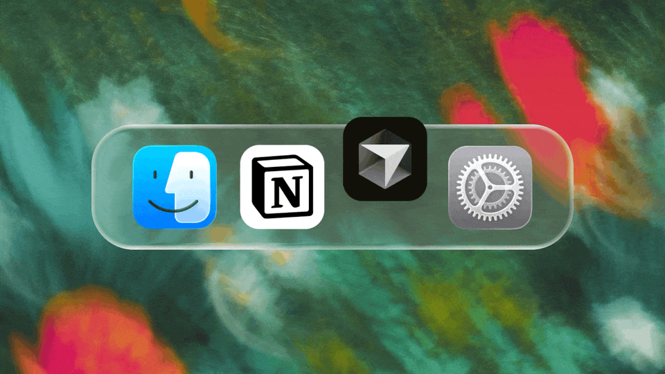 The image presents a vibrant collage of four distinct icons, each representing a different app, set against a backdrop of abstract, colorful swirls. The first icon is a blue and white face with a smile, likely representing the Mac OS X operating system. The second icon is a white cube with a black "N" on it, possibly r