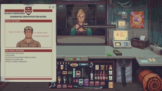 A pixel-art game screenshot showing a "Security Department" "Augmented Identification Guide" panel. The panel lists visual and non-visual features, and a shop counter and a dialogue box reading "Initiating communication. I am a normal human." are visible.