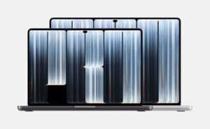 Three laptops resembling MacBook Pro models display the same blue and white striped abstract wallpaper against a grey background.