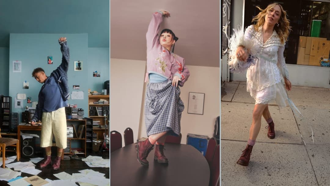 This image is a triptych, a three-part work of art, featuring three distinct scenes. The first scene depicts a person in a blue sweater and cream-colored pants standing in a room with a teal or turquoise wall. The second scene shows a person in a pink sweater with embroidered designs and a plaid skirt, standing on a bl