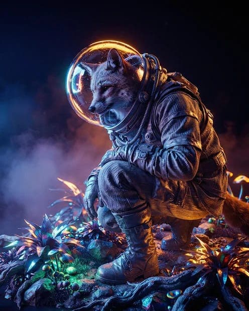 The image depicts a fox-like creature wearing a spacesuit, crouching on a rocky surface amidst a vibrant array of plants and flowers. The fox-like creature is wearing a helmet and has a glowing orange/yellow light emanating from its head. The plants and flowers are primarily green and blue, with some hints of purple an