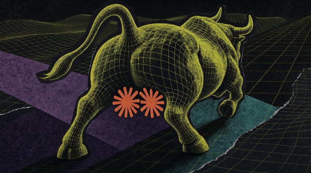 The image depicts a stylized, wireframe bull, rendered in a yellowish-green color, in a dynamic pose, seemingly charging forward. The bull's hindquarters are highlighted with orange flower-like shapes. The background features a dark, possibly black, grid-like pattern, with a purple and teal/blue area in the foreground.