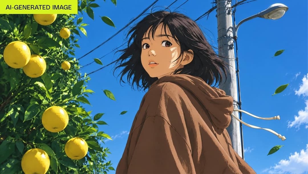 The image depicts a young woman with dark brown hair, wearing a brown hoodie, standing in front of a tree laden with bright yellow lemons. The tree is situated against a clear blue sky, with power lines crisscrossing above. A street lamp is visible in the background, and the woman's gaze is directed towards the viewer.