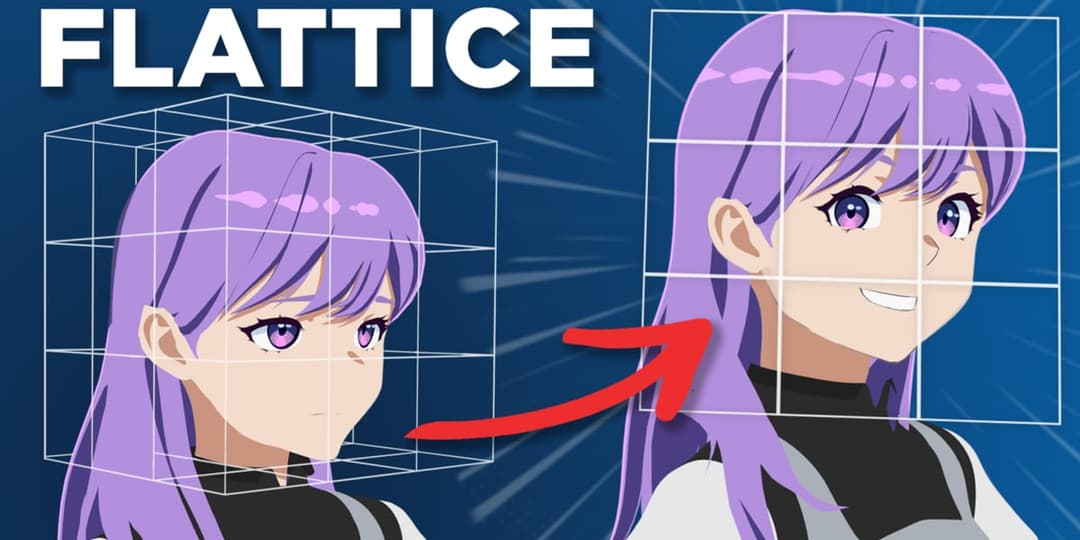 A tutorial thumbnail titled "FLATTICE" on a blue background shows an anime girl with purple hair. A lattice grid deforms her head from a boxy shape to a turned-face pose, with a red arrow between the two states.