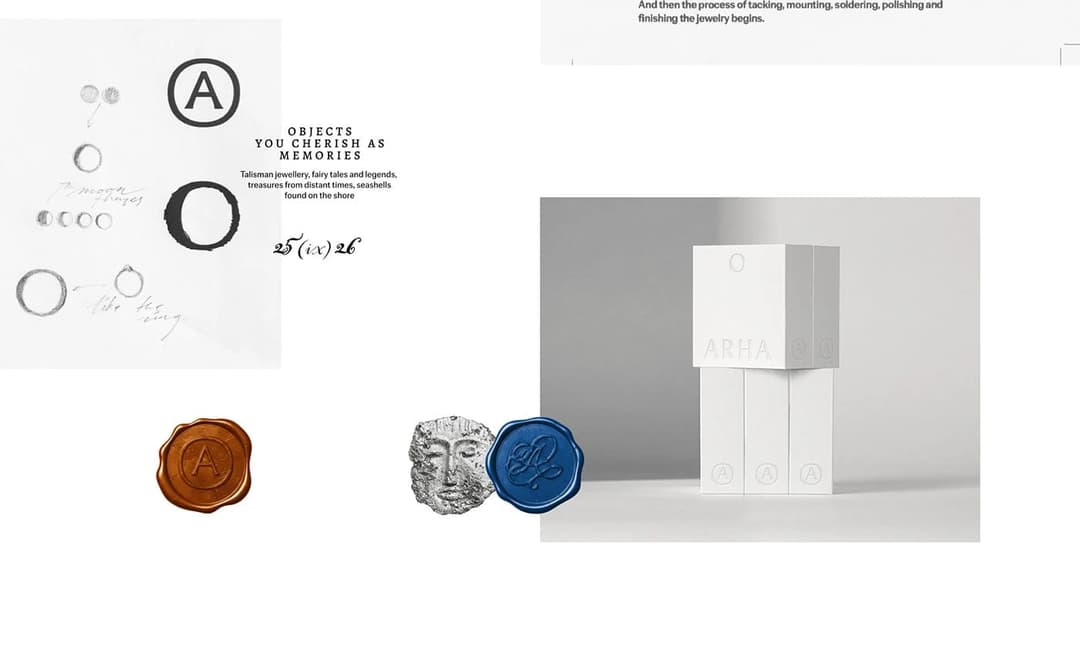 The image presents a collage of three distinct elements. On the left, a white background features a black circle with a stylized "A" and a small illustration of a moon and a ring. In the center, a white cube with a blue "ARHA" label is stacked on top of a white block. On the right, a white block with a blue "ARHA" labe