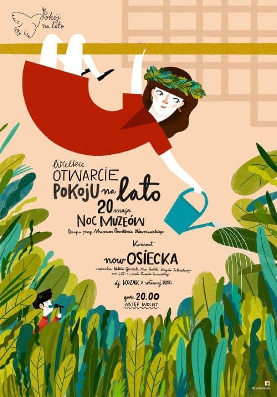 The image is a vibrant poster for a musical event titled "Otwarci PoKoJU na lato" (Poker for the Late Night) at the "Noc Muzeon" (Musical) in Warsaw. The poster features a cartoon illustration of a woman in a red dress and a green flower crown, holding a watering can and standing in a garden filled with stylized plants