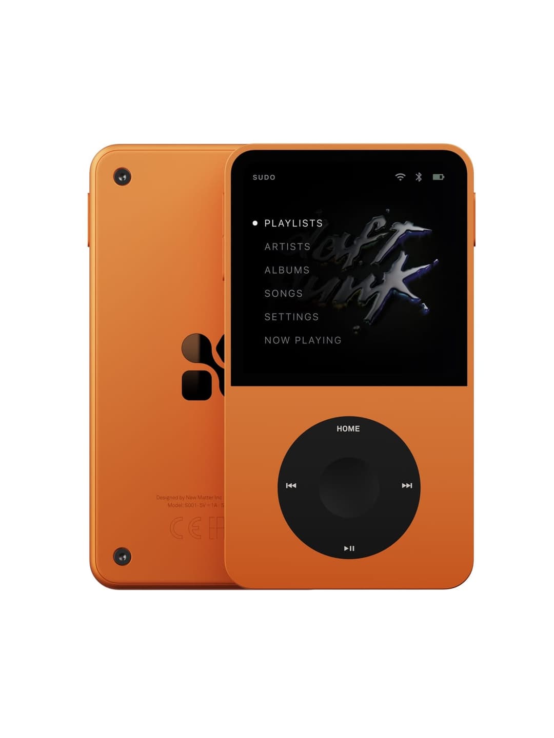 The image shows an orange iPod nano, a model of the 5.01-V1 series, with a sleek design. The device is positioned at an angle, revealing its front and back sides. The front of the iPod features a black circular control panel with four buttons, including a power button, volume control, home button, and play/pause button