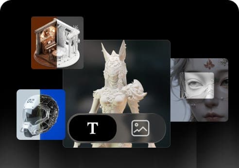The image presents a collage of four distinct images, each with a unique color scheme and style. The central image is a white, detailed figure of a woman, possibly a warrior or fantasy character, with a pointed headdress and a shoulder piece. To the left of the figure is a 3D rendering of a structure, possibly a house