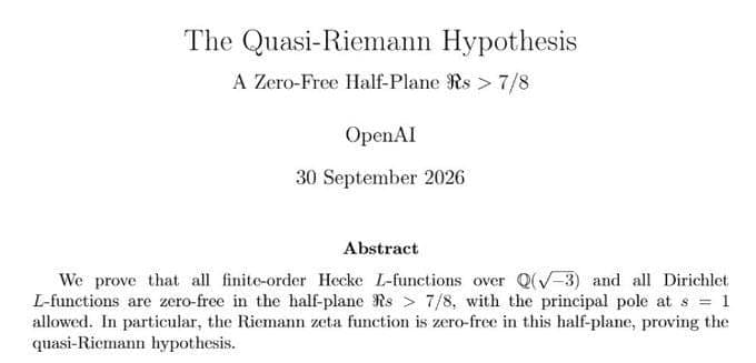 The image presents a black and white document titled "The Quasi-Riemann Hypothesis" and authored by OpenAI. The document is structured with a header, a subtitle, and a date. The subtitle states "A Zero-Free Half-Plane <3> > 7/8", indicating a mathematical concept related to a zero-free half-plane with a dimension of 3.