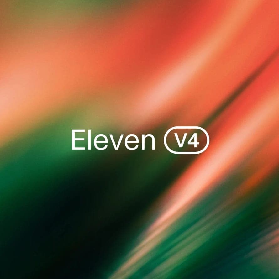 The image presents a vibrant abstract design with a gradient of orange and green colors. The design is composed of diagonal lines that create a sense of movement and energy. The text "Eleven V4" is prominently displayed in the center of the image, written in a bold, sans-serif font.
