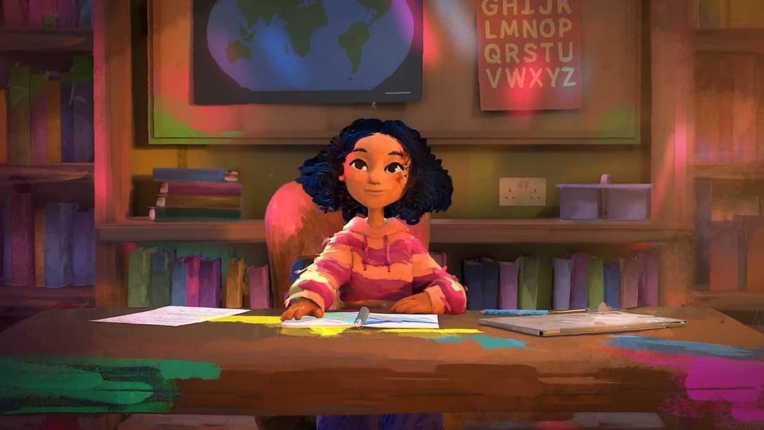 The image depicts a young girl with dark, curly hair seated at a desk in a cozy room. She is wearing a pink and orange striped sweater and is engrossed in her work, with a blue pen in her hand. The desk is cluttered with papers and a notebook, and a small, light-colored container is on the shelf behind her. The room fe