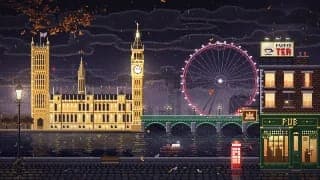 The image depicts a vibrant cityscape at night, rendered in a pixel art style. The scene is dominated by the iconic Big Ben clock tower, standing tall on the left side of the image. To the right, the London Eye Ferris wheel is visible, its red and white structure contrasting with the dark sky. On the left, the Palace o