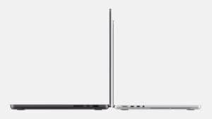 Two laptops are shown in profile against a light grey background, one open and one closed, in silver and dark grey finishes.
