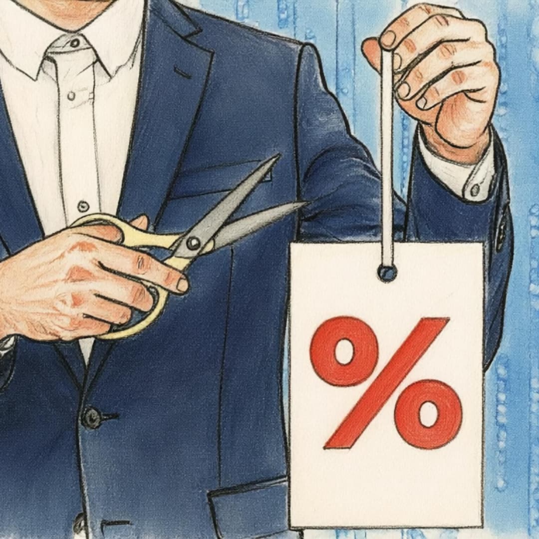 The image shows a man in a blue suit holding a pair of scissors and a white sign with a red percentage symbol. The man is wearing a white collared shirt and has a serious expression. The background is a blue wall with a subtle pattern. The man is holding the scissors in his right hand and the sign in his left hand, wit