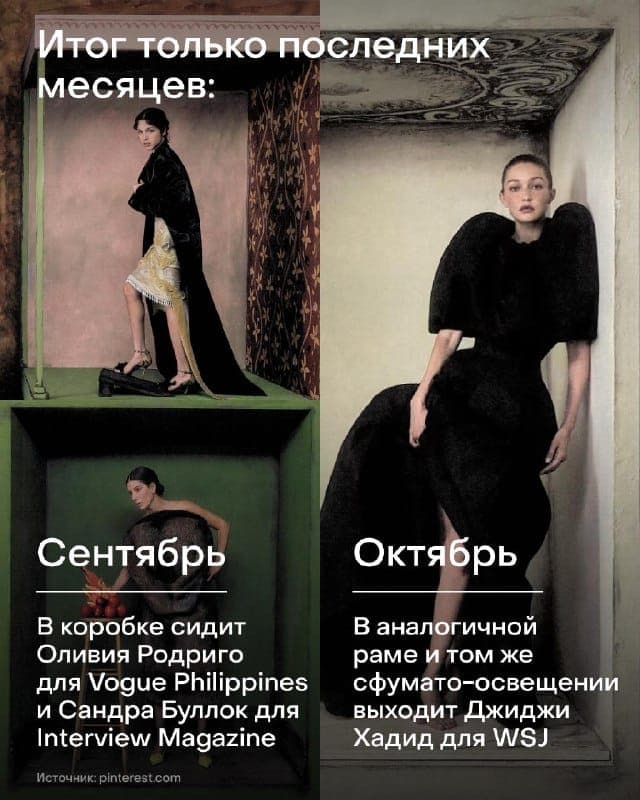 A split-screen collage shows a woman in a black cape standing in a box labeled "Сентябрь" ("September") and a woman in a black dress in a white frame labeled "Октябрь" ("October"). Russian text reads "Итог только последних месяцев:" ("The result of just the last few months:"), with captions naming Vogue Philippines, In