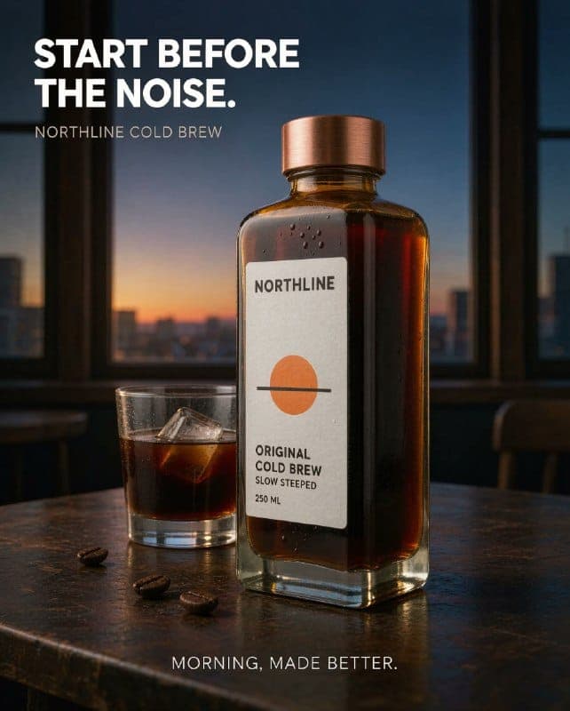 The image presents a bottle of Northline Cold Brew coffee, a dark brown/amber color, with a copper-colored lid. The bottle is positioned on a dark brown wooden table, with a glass filled with the same dark brown/amber liquid and ice cubes nearby. Three coffee beans are scattered on the table. The background features a