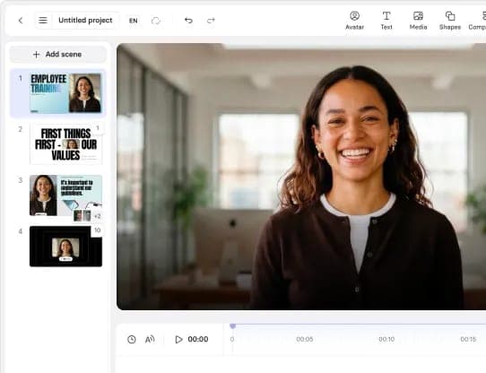 The image shows a video editing interface with a video playing in the background. The video is titled "First Things First - Our Values" and features a woman with long brown hair as the main subject. The interface includes a "Add scene" button, a "Unlit project" button, a "Animator" button, a "Text" button, a "Media" bu