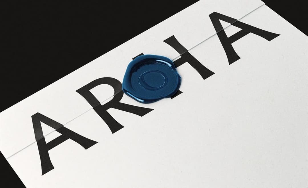 The image shows a close-up view of a white card or piece of paper with the word "ARIA" printed in black, capital letters. The letters are slightly slanted to the right. A blue wax seal is placed on top of the word, with the seal's center visible. The card is set against a black background, which provides a stark contra