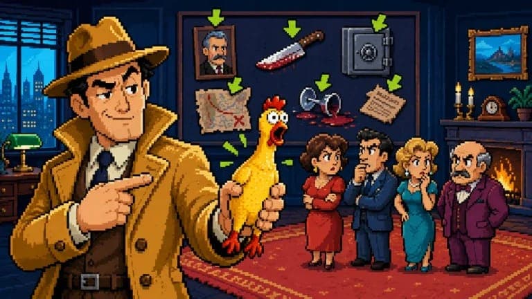 The image depicts a room with a dark blue/navy color scheme, featuring a fireplace with a red rug in front of it. A man in a brown trench coat and fedora is pointing at a yellow chicken with a red comb and beak. The room also contains a map, a knife with a bloody handle, a safe, a picture of a man, a glass with a red l