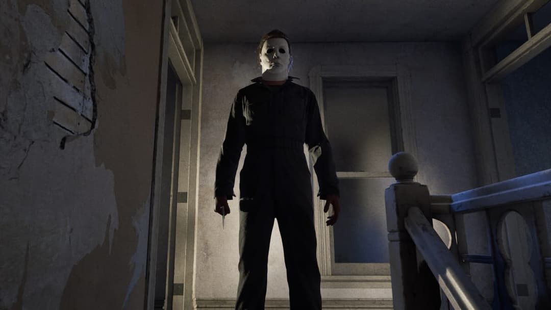 The image shows a figure in a black jumpsuit standing in a dimly lit hallway. The figure is wearing a white mask that covers their entire face, and their hands are clenched into fists. The hallway features a wooden staircase with a white railing, and a window with a white frame is visible on the right side of the image