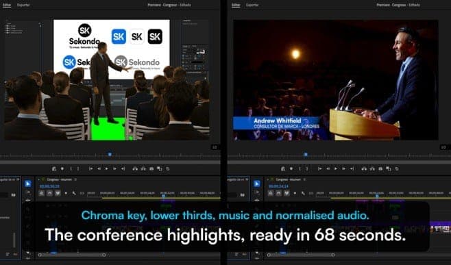 The image is a composite of two video clips, likely from a video editing software, showcasing a conference presentation. The left side of the image shows a video editor's interface with a video playing, featuring a speaker in a suit standing in front of a large screen displaying the logo and name of the company "Sekond