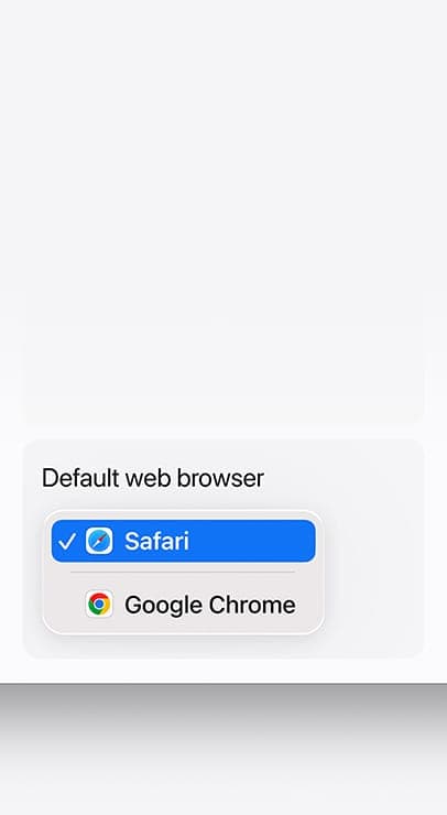 The image shows a computer screen displaying a webpage with a white background. The webpage is titled "Default web browser" and features a checkbox labeled "Safari" with a blue checkmark. Below the checkbox, there are two icons: a blue checkmark for Safari and a red checkmark for Google Chrome.