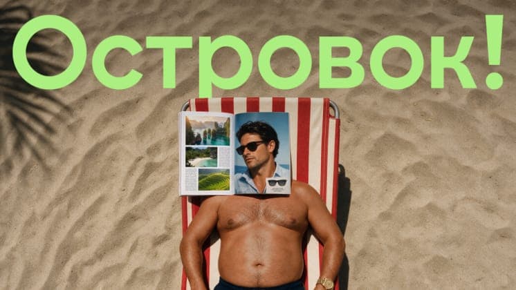 The image shows a man lying on a red and white striped beach chair, with his head resting on an open magazine. The magazine features a picture of a man in a blue shirt and sunglasses, and also includes a picture of a landscape with water and trees. The man is shirtless and wearing dark-colored shorts. The background is