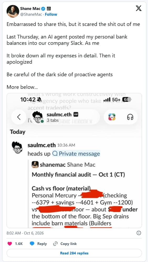 The image shows a screenshot of a Twitter conversation between the user "Shane Mac" and the company "Slack". The conversation is dated October 6, 2026, at 8:02 AM. The user has posted a private message to the company's Q Private account. The message is a monthly financial audit report for October 1st, which includes a