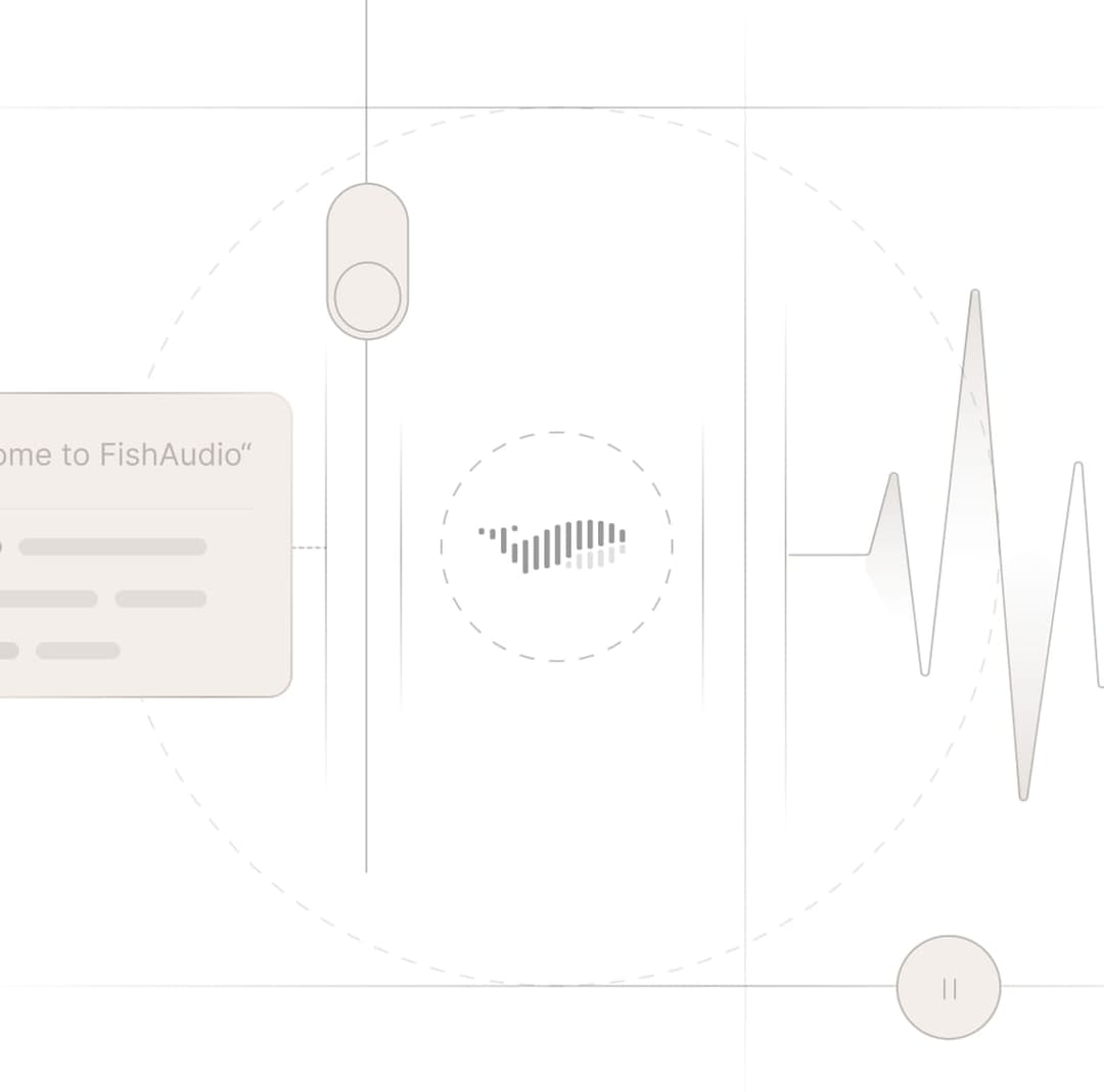 The image presents a digital interface with a dark background. A white rectangle on the left side displays the text "Welcome to FishAudio" in a light beige color. A white button is located above the rectangle. On the right side, a white circle with a small, light beige line inside is situated above a gray triangle. A g