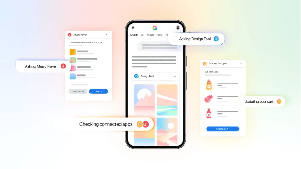 The image shows a Google phone showing AI Mode, with floating cards for Music Player ("Mom's 50th Birthday: Top Hits 1976-2026"), Design Tool, and Grocery Shopper ("Sub-total: $26.43", Checkout button). Callouts read "Asking Music Player", "Asking Design Tool", "Checking connected apps", and "Updating your cart".
