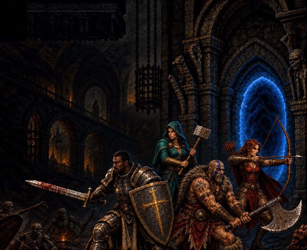 The image depicts a medieval-themed scene set in a dark, stone-walled room with arched doorways and windows. The room is illuminated by a blue glow emanating from a doorway. A group of adventurers, including a knight in armor, a woman in a green cloak, a woman with a red cloak, and a woman with a red cloak and a bow an