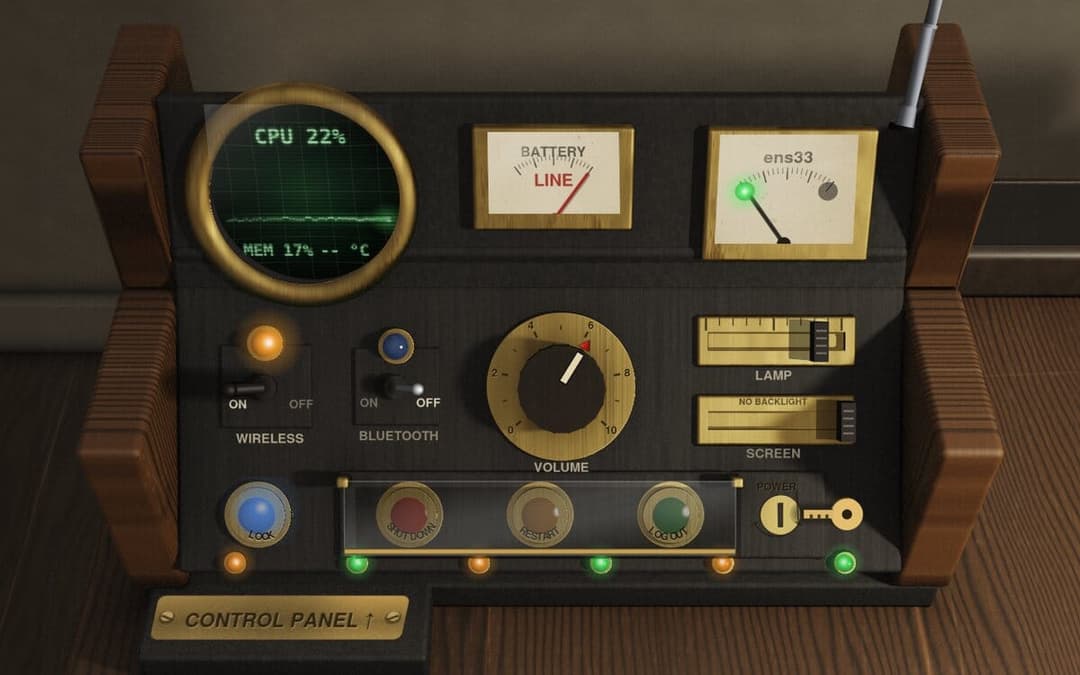 The image shows a vintage-style control panel, likely from a video game or similar media. The panel is housed in a dark brown wooden frame with a brass-colored base and features a variety of buttons and dials. The top section includes a green LCD screen displaying a CPU usage of 22%, a battery indicator showing a level