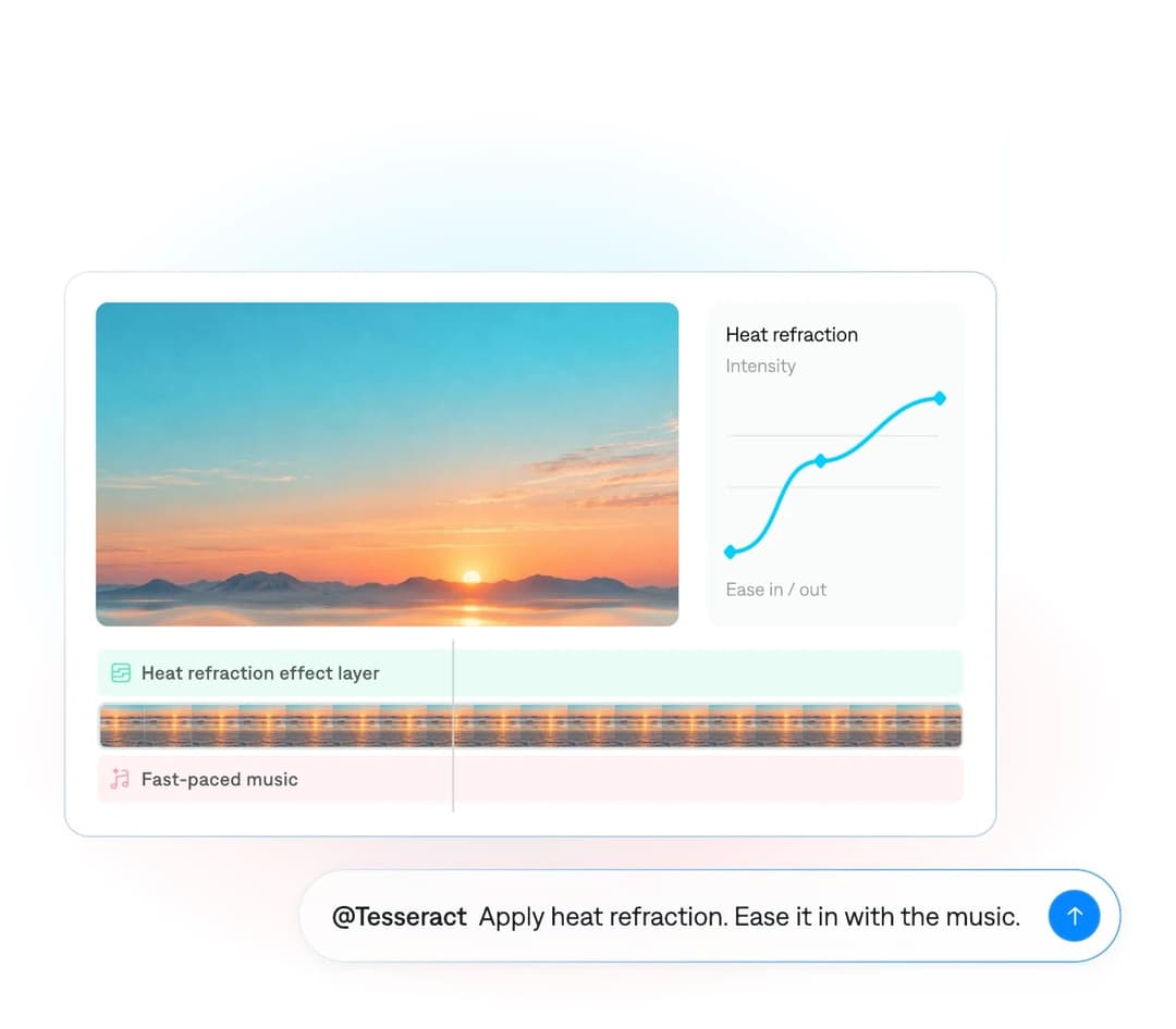 The image presents a video editing interface with a soothing landscape as the background. The video is titled "Heat refraction" and is currently in the "Ease in / out" stage. The video has a light blue color scheme and features a warm, orange and yellow gradient sky with a setting sun. The landscape includes a range of