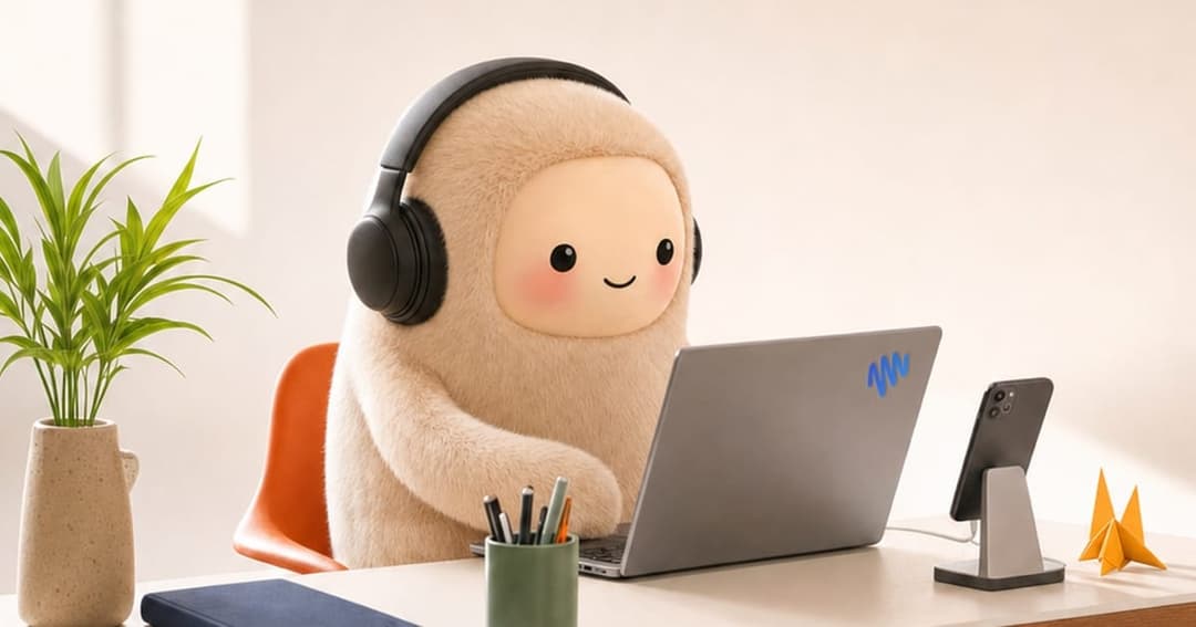 A plush, beige-colored character with large, round eyes and a friendly smile is seated at a desk, wearing black headphones. The desk is equipped with a laptop, a smartphone, a small plant in a beige vase, and a small, light green cup. A small, orange, origami-like object is also on the desk. The character is positioned