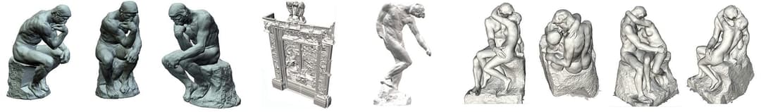 The image presents a collection of nine sculptures, each depicting a nude male figure in a contemplative pose. The sculptures are arranged in a row, with the first row on the left, the second row in the middle, and the third row on the right. The sculptures are rendered in shades of gray, with the first row featuring s