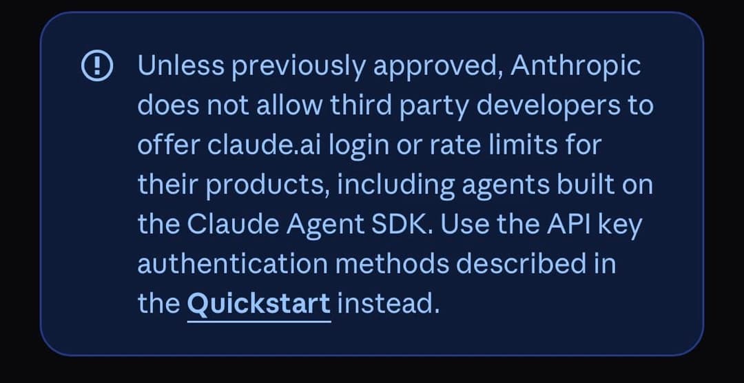 The image presents a dark blue text box with a white border, set against a black background. The text, written in white, is centered within the box and reads: "Unless previously approved, Anthropic does not allow third party developers to offer claude.ai login or rate limits for their products, including agents built o