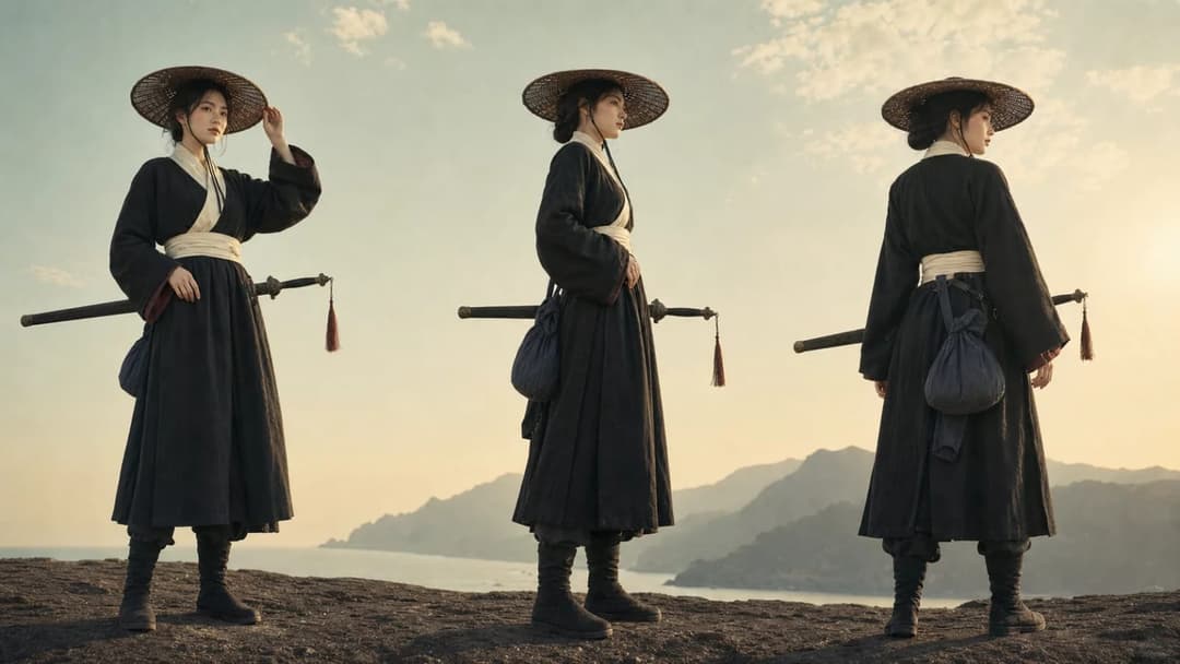 The image shows three women standing on a rocky outcropping, each holding a sword and wearing traditional Korean attire. The woman on the left is wearing a black robe and a wide-brimmed straw hat, and is holding a sword with a tassel. The woman in the middle is wearing a black robe and a wide-brimmed straw hat, and is